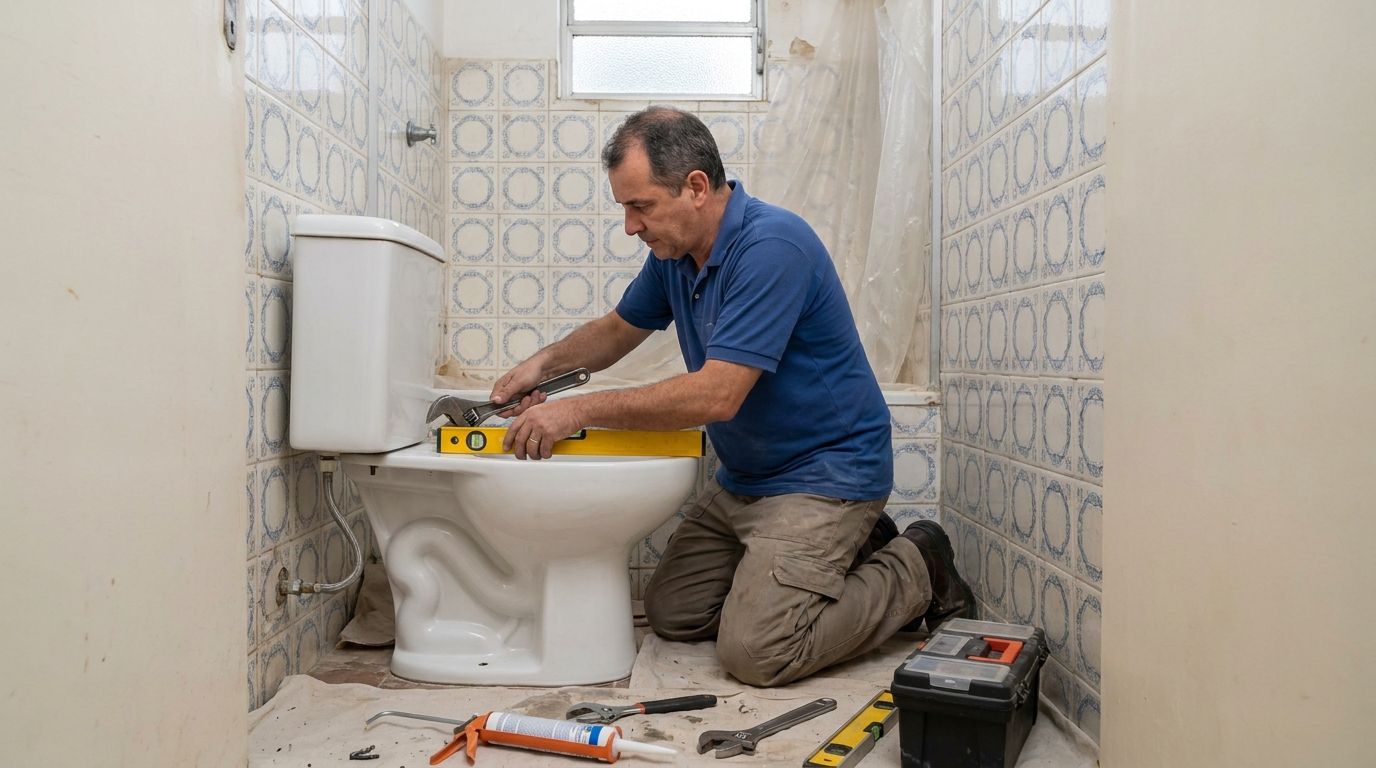 Técnico instalando vaso sanitário em São Bernardo do Campo‑SP